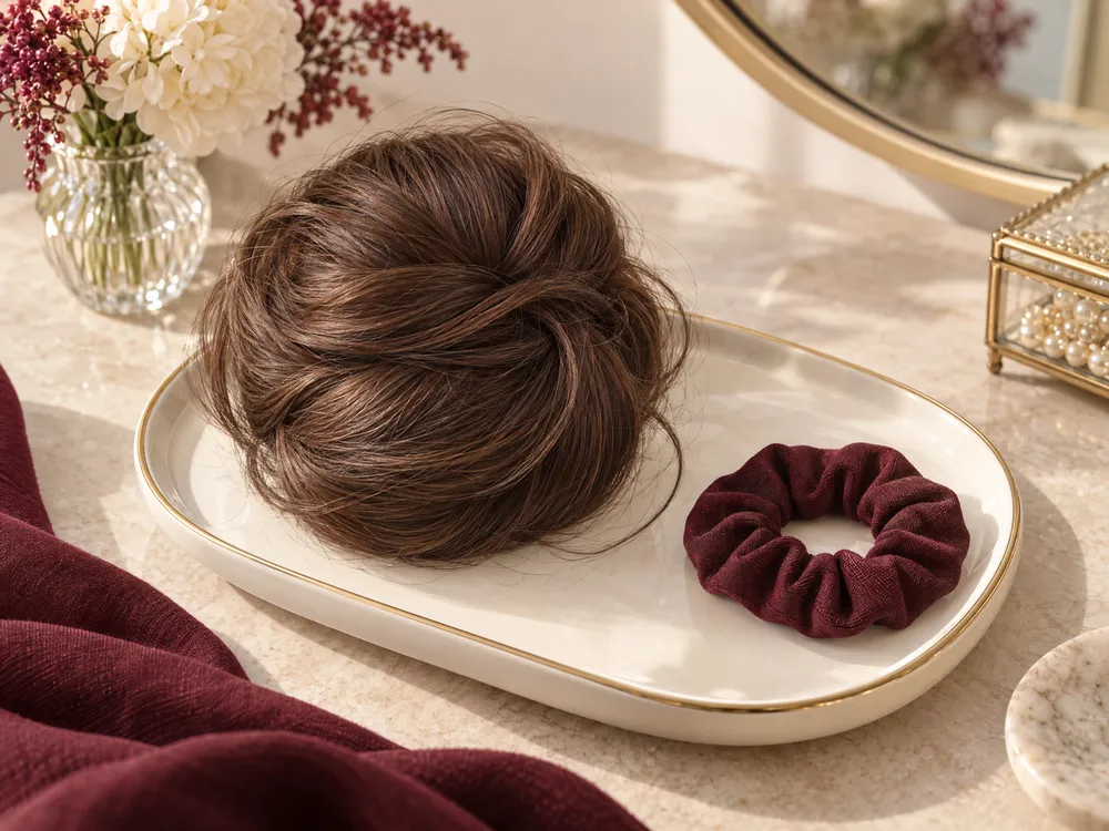 scrunchie hairpiece in Hong Kong — Concept image for a detachable bun hairpiece.