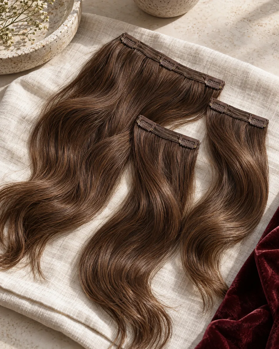 hairpieces in Hong Kong — Concept image for clip-in hair extensions and wefts.