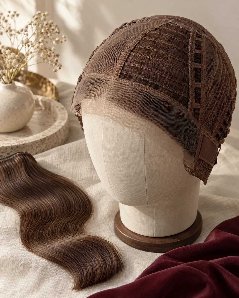 wig for hot humid weather in Hong Kong — Concept image for cap mesh and hair-weft terminology.